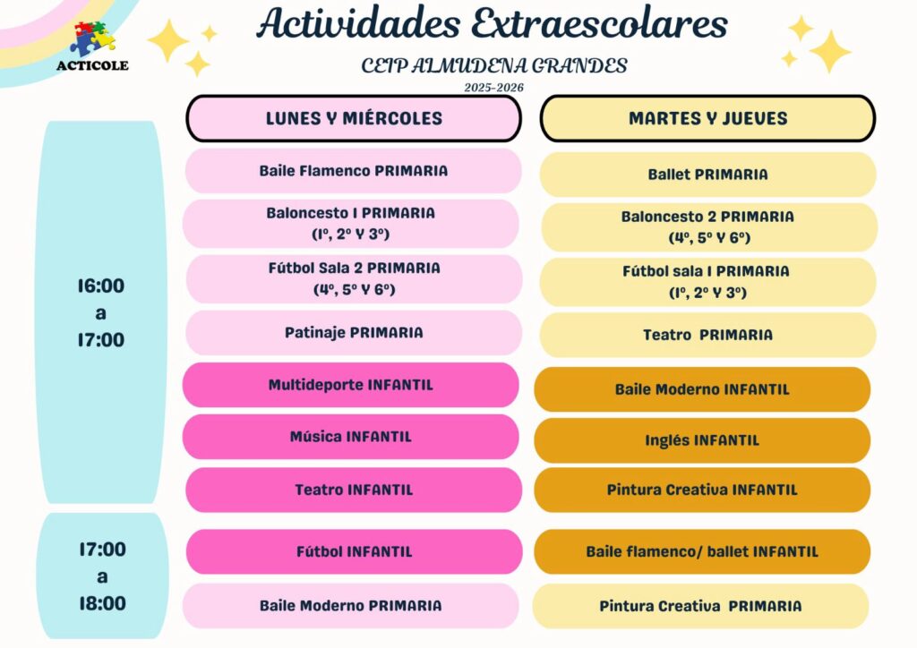 Actividades extraescolares Curso 25/26. Horarios.